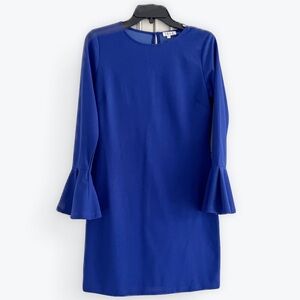 Royal Blue Classic Shift Dress with ruffled Long Sleeves. Size Large. TCEC